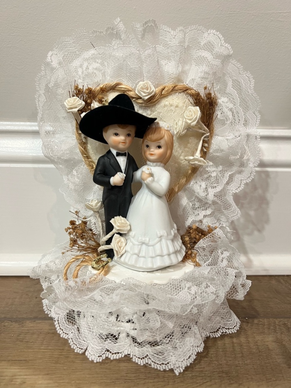 Vintage 90s Western Wedding Cake Topper Bride and Groom Figurine